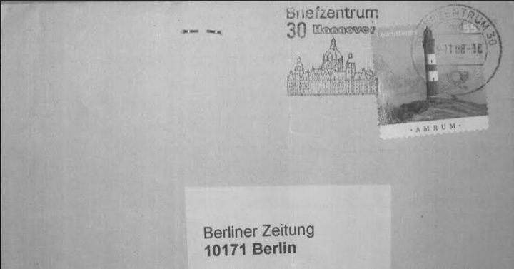 Un courrier émanant d’un groupe d’antinucléaires allemands a été envoyé depuis Hanovre le 8 novembre 2008, le lendemain du sabotage des lignes SNCF, au journal "Berliner Zeitung". ("ENVOYE SPECIAL")