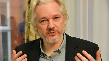 Julian Assange, le fondateur de WikiLeaks, photographi&eacute; le 18 ao&ucirc;t 2014 &agrave; l'ambassade d'Equateur &agrave; Londres (Royaume-Uni). (JOHN STILLWELL / AFP)