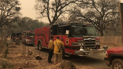 Un ciel de fournaise dans le nord de la Californie où des pompiers de l'Oregon interviennent en renfort, le 12 novembre 2018. (GREGORY PHILIPPS / RADIO FRANCE)