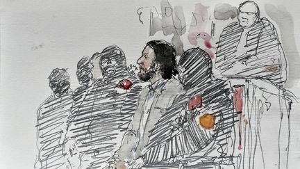 Dessin d'audience réalisé le 5 février 2018, lors du procès du jihadiste Salah Abdeslam, à Bruxelles (Belgique). (BENOIT PEYRUCQ / AFP)