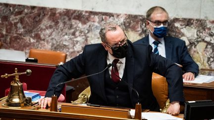 Le président de l'Assemblée nationale, Richard Ferrand, dans l'Hémicycle, à Paris, le 16 mars 2021. (XOSE BOUZAS / HANS LUCAS / AFP)