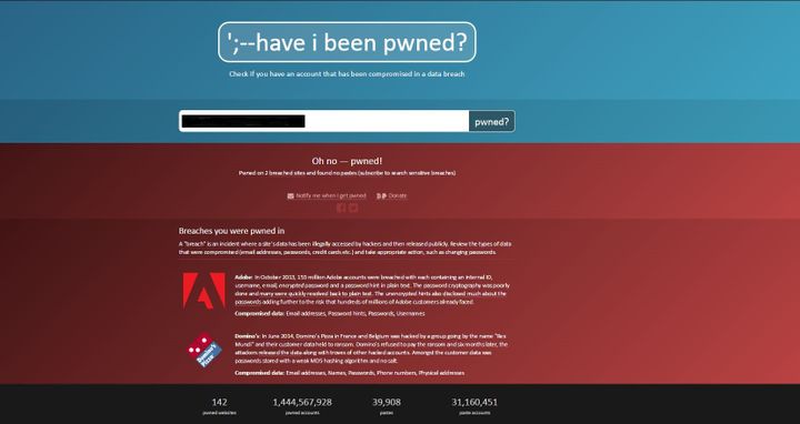 Capture d'écran du site haveibeepwned, qui indique si votre adresse&nbsp;pourrait avoir été touchée par une faille de sécurité.&nbsp; (FRANCETVINFO)