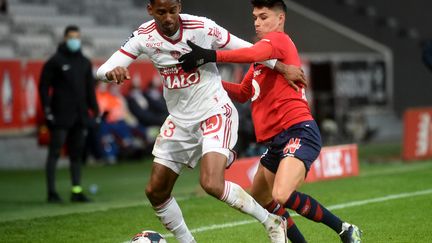 Match très fermé entre les Lillois et les Brestois dimanche 14 février, à l'occasion de la 25e journée de Ligue 1 (FRANCOIS LO PRESTI / AFP)