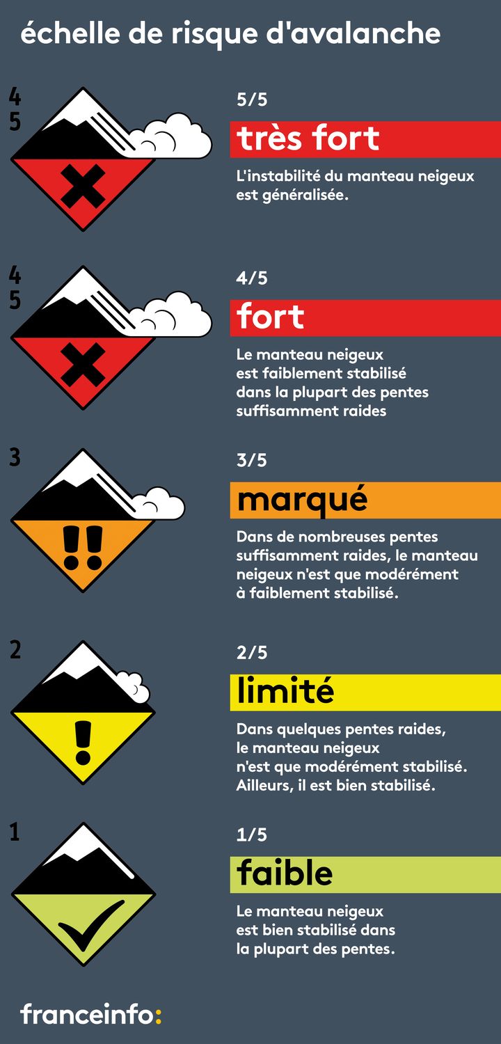 L'échelle de risque d'avalanche de l'EAWS (European Avalanche Warning Services). (EAWS / FRANCEINFO / RADIO FRANCE)