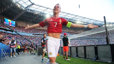 Balazs Dzsudzsak laisse éclater sa joie, le 22 juin 2016 à Lyon (Rhône). Après son nul contre le Portugal, la Hongrie crée la sensation en terminant première du groupe F, devant l'Islande et le Portugal. (VITALIY BELOUSOV / SPUTNIK)