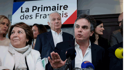 &nbsp; (De gauche à droite : Corinne Lepage, présidente de CAP 21 LRC, Jean-Marie Cavada, président de Génération Citoyens et l'écrivain Alexandre Jardin lancent la primaire des Français © MaxPPP)