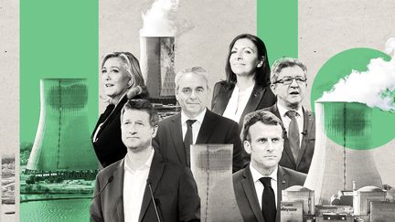 Qu'ils souhaitent la développer ou au contraire la restreindre, la plupart des candidats (ou des probables candidats) à&nbsp;l'élection présidentielle parlent de l'énergie nucléaire dans leur programme pour 2022. (MONTAGE : JESSICA KOMGUEN. CREDITS : AFP, GETTY IMAGES, IP3 PRESS/MAXPPP, XINHUA NEWS AGENCY/NEWSCOM)