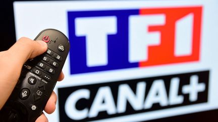 Les logos des groupes TF1 et Canal+ affichés sur un écran de télévision (photo d'illustration). (ROMAIN DOUCELIN / HANS LUCAS)