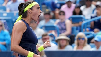 La joie de Caroline Garcia face à Petra Kvitova en finale du WTA 1000 de Cincinnati, le 21 août 2022. (DYLAN BUELL / AFP)