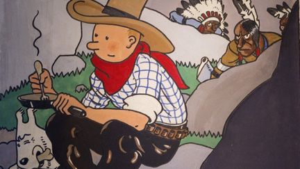 Image extraite de la couverture originale de "Tintin en Amérique", dessinée en 1932 par Hergé et exposée à la maison Artcurial, à Paris, le 31 mai 2012. (JOEL SAGET / AFP)