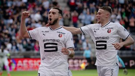 Amine Gouri a permis à Rennes de prendre l'avantage face à Angers, en Ligue 1, le 23 octobre 2022. (LOIC VENANCE / AFP)