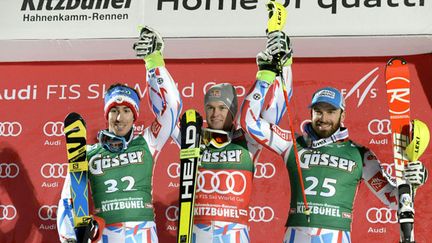 Le triplé français sur le podium de Super combiné à Kitzbühel, Alexis Pinturault, vainqueur, devant Victor Muffat-Jeandet et Thomas Mermillod Blondin 