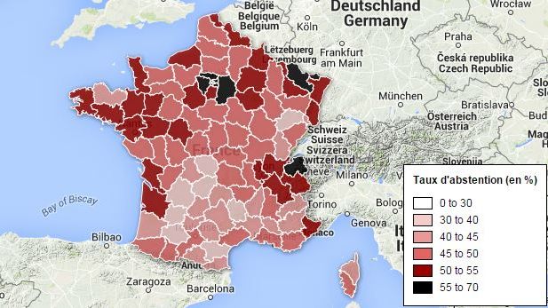 Carte de l'abstention au second tour des d&eacute;partementales, le 29 mars 2015. (FRANCETV INFO / GOOGLE MAPS)
