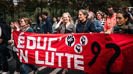 Une manifestation d'enseignants à Paris, le 10 septembre 2024. (XOSE BOUZAS / HANS LUCAS / AFP)