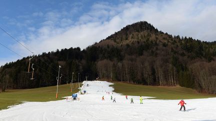 Des enfants skient sur une piste de neige artificielle pr&egrave;s de&nbsp;Ruhpolding (Allemagne) o&ugrave; la temp&eacute;rature est particuli&egrave;rement cl&eacute;mente (+8&deg;C) pour la saison, le 8 janvier 2014. (CHRISTOF STACHE / AFP)