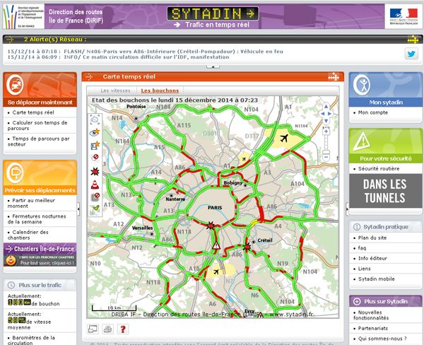 &nbsp; (Un lundi matin pour le moment ordinaire, voire moins chargé que d'habitude à cette heure sur les routes © Capture d'écran du site Sytadin, trafic en temps réel, à 7h23)