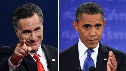 Mitt Romney (G) et Barack Obama durant leur premier d&eacute;bat,&nbsp;organis&eacute; le 3 octobre 2012 &agrave; Denver, dans le Colorado (Etats-Unis). (SAUL LOEB / NICHOLAS KAMM / AFP)