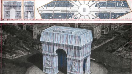 Dessin de préparation de l'empaquetage de l'Arc de Triomphe réalisé par l'artiste bulgare Christo, le 3 avril 2019 (ANDRE GROSSMANN / CHRISTO AND JEANNE-CLAUDE - 2019)