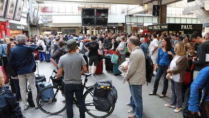 Des voyageurs patientent à la gare Montparnasse, à Paris,&nbsp;dimanche 30 juillet. (JACQUES DEMARTHON / AFP)