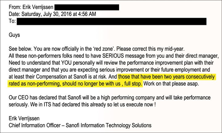 Les salariés notés non-performants 2 ans de suite ne doivent pas rester dans l'entreprise. (Document interne à Sanofi)