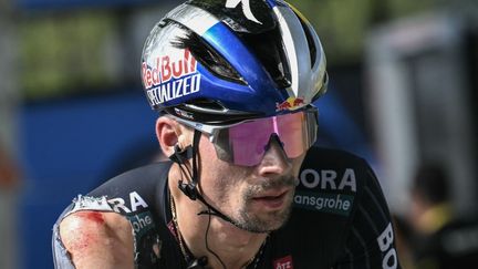 Le Slovène Primoz Roglic à l'arrivée de la 12e étape du Tour de France, le 11 juillet 2024. (MARCO BERTORELLO / AFP)