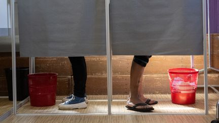 Des électeurs dans un bureau de vote à Rialle (Loire-Atlantique), le 30 juin 2024. (ESTELLE RUIZ / HANS LUCAS / AFP)