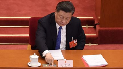 Le président chinois Xi Jinping vote le projet de loi sur la sécurité nationale à Hong Kong lors de la session de fermeture du Congrès à Pékin, le 28 mai 2020. (NICOLAS ASFOURI / AFP)