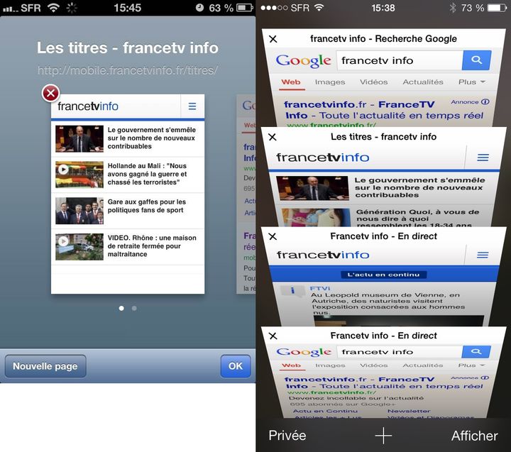 A gauche, l'iOS 6. A droite, l'iOS 7. ( FRANCETV INFO)