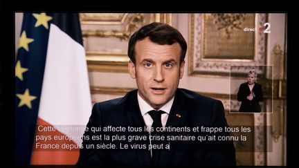 Emmanuel Macron lors de son allocution télévisée sur le coronavirus, à l'Elysée, le 12 mars 2020.&nbsp; (BENOIT DURAND / HANS LUCAS / AFP)