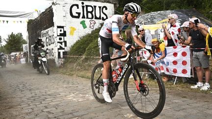 Tadej Pogacar, seul sur les pavés du Nord à l'occasion de la 5e étape du Tour de France 2022, le 6 juillet 2022. (MARCO BERTORELLO / AFP)