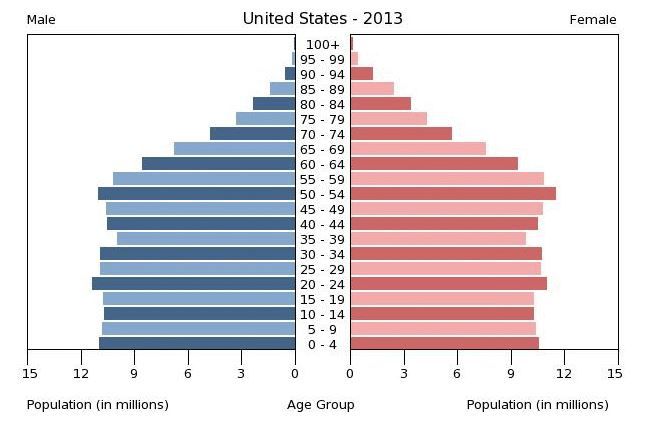 La pyramide des &acirc;ges des Etats-Unis est la plus proche de la pyramide fran&ccedil;aise. Toutes deux s'approchent presque d'une repr&eacute;sentation en forme de tour. (CIA WORLD FACTBOOK)