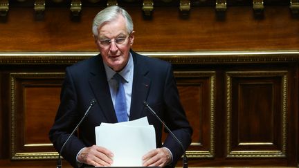 Le Premier ministre, Michel Barnier, prononce sa déclaration de politique générale devant le Sénat, à Paris, le 2 octobre 2024, après l'avoir fait à l'Assemblée nationale la veille. (THOMAS SAMSON / AFP)