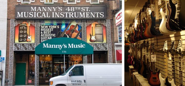 La devanture de "Manny's", juste à côté de "Sam Ash".    Un des nombreux murs de guitares de chez "Sam Ash"
