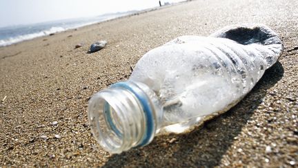 Une bouteille en plastique sur une plage. Photo d'illustration. (JAMES HARDY / MAXPPP)