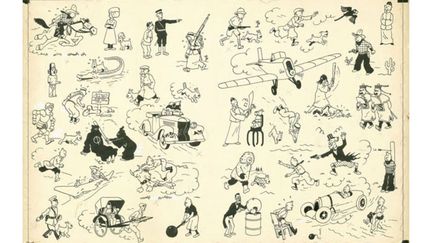 Hergé, planche qui présente Tintin dans 34 situations et qui servait de page de garde aux albums publiés de 1937 à 1958. Elle a atteint un prix record à Paris le 24 mai 2014
 (Hergé / Artcurial)