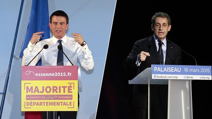 Le Premier ministre, Manuel Valls (&agrave; gauche), en meeting &agrave; Evry et le pr&eacute;sident de l'UMP, Nicolas Sarkozy, en meeting &agrave; Palaiseau (Essonne), le 16 mars 2015. (JACQUES DEMARTHON, THOMAS SAMSON / AFP / FRANCETV INFO)