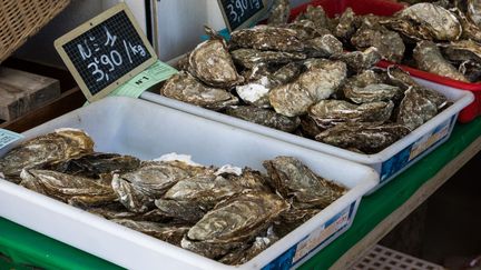 Des huîtres sur un marché de&nbsp;Talmont-Saint-Hilaire, en Vendée (photo prise le 5 septembre 2020). (MAUD DUPUY / AFP)