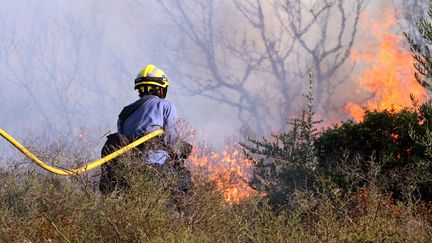 Un pompier espagnol lutte contre les flammes &agrave; Figueres (Catalogne) le 23 juillet 2012. (RAYMOND ROIG / AFP)