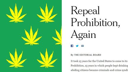 Capture d'&eacute;cran du site du "New York Times", qui publie un &eacute;ditorial favorable &agrave; la l&eacute;galisation de la marijuana aux Etats-Unis, samedi 26 juillet. (THE NEW YORK TIMES )