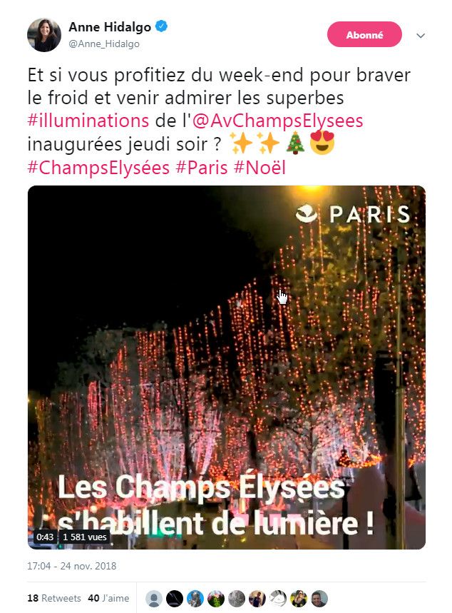 La maire de Paris a invité les Parisiens à profiter des décorations de Noël sur les Champs-Elysées, samedi 24 novembre, alors que l'avenue était le théâtre d'incidents en lien avec un rassemblement de "gilets jaunes". (ANNE HIDALGO / TWITTER)