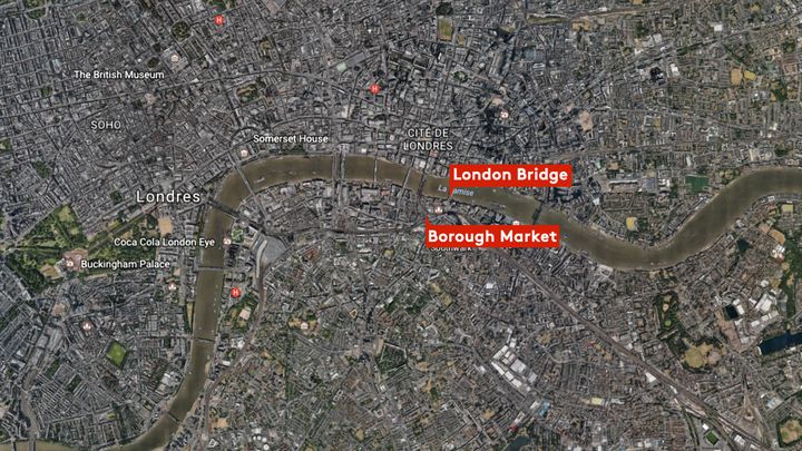 Une carte des lieux des attaques perpétrées à Londres (Royaume-Uni), dans la nuit du samedi 3 au dimanche 4 juin 2017. (FRANCEINFO)