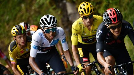 Le Colombien Egan Bernal, à la lutte avec le Slovène Primoz Roglic, le 11 septembre 2020 au Lioran (Cantal), durant le Tour de France. (MARCO BERTORELLO / AFP)