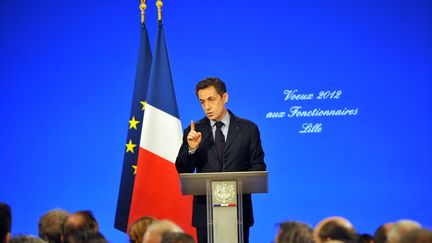 Nicolas Sarkozy lors de ses voeux aux fonctionnaires, le 12 janvier 2012 &agrave; Lille (Nord). (PHILIPPE HUGUEN / AFP)