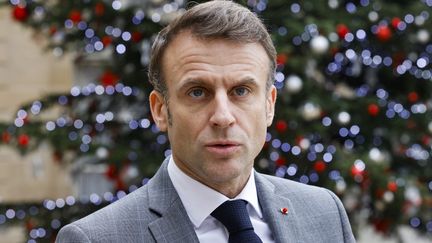 President Emmanuel Macron welcomes Slovenian Prime Minister Robert Golob to the Elysée in Paris on December 13, 2023. (LUDOVIC MARIN / AFP)