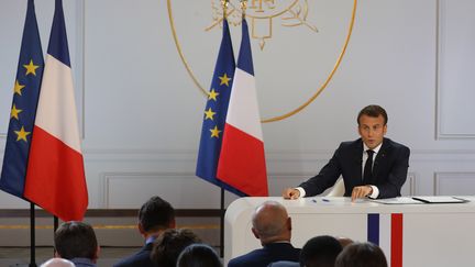 Le président Emmanuel Macron lors de sa conférence de presse, le 25 avril 2019. (LUDOVIC MARIN / AFP)