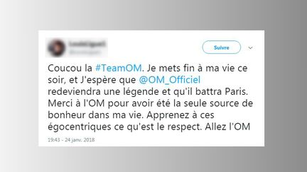 Le tweet du supporter de l'OM qui a fait une tentative de suicide, le 24 janvier 2018. (TWITTER)