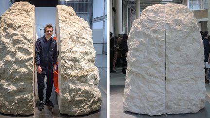 Abraham Poincheval avant d'entrer dans son sarcophage en pierre, puis la pierre refermée sur lui, au Palais de Tokyo, Paris, 22 février 2017
 (A gauche Christophe Petit Tesson / EPA / MaxPPP - A droite Sabine Glaubitz / dpa/ picture-alliance / MaxPPP)