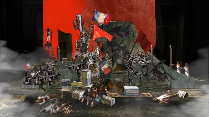 Les barricades, maquette de l'un des décors d'Emmanuelle Roy pour la comédie musicale "Les Misérables" au théâtre du Châtelet, à Paris, en 2024. (DROITS RESERVES)