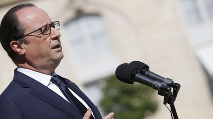 Fran&ccedil;ois Hollande donne une conf&eacute;rence de presse devant l'Elys&eacute;e &agrave; Paris, le 25 juillet 2014. (KENZO TRIBOUILLARD / AFP)