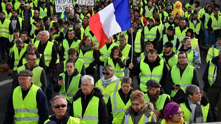 Des "gilets jaunes" manifestant contre l'augmentation des taxes sur les carburants, le 24 novembre 2018 à Rochefort (Charente-Maritime).&nbsp; (XAVIER LEOTY / AFP)